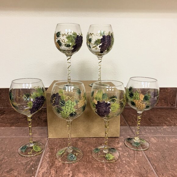 WINE GLASSES - set 6 Hand Painted GRAPES, VINES, LEAVES Design Wine Glasses 8.5" - Picture 1 of 8